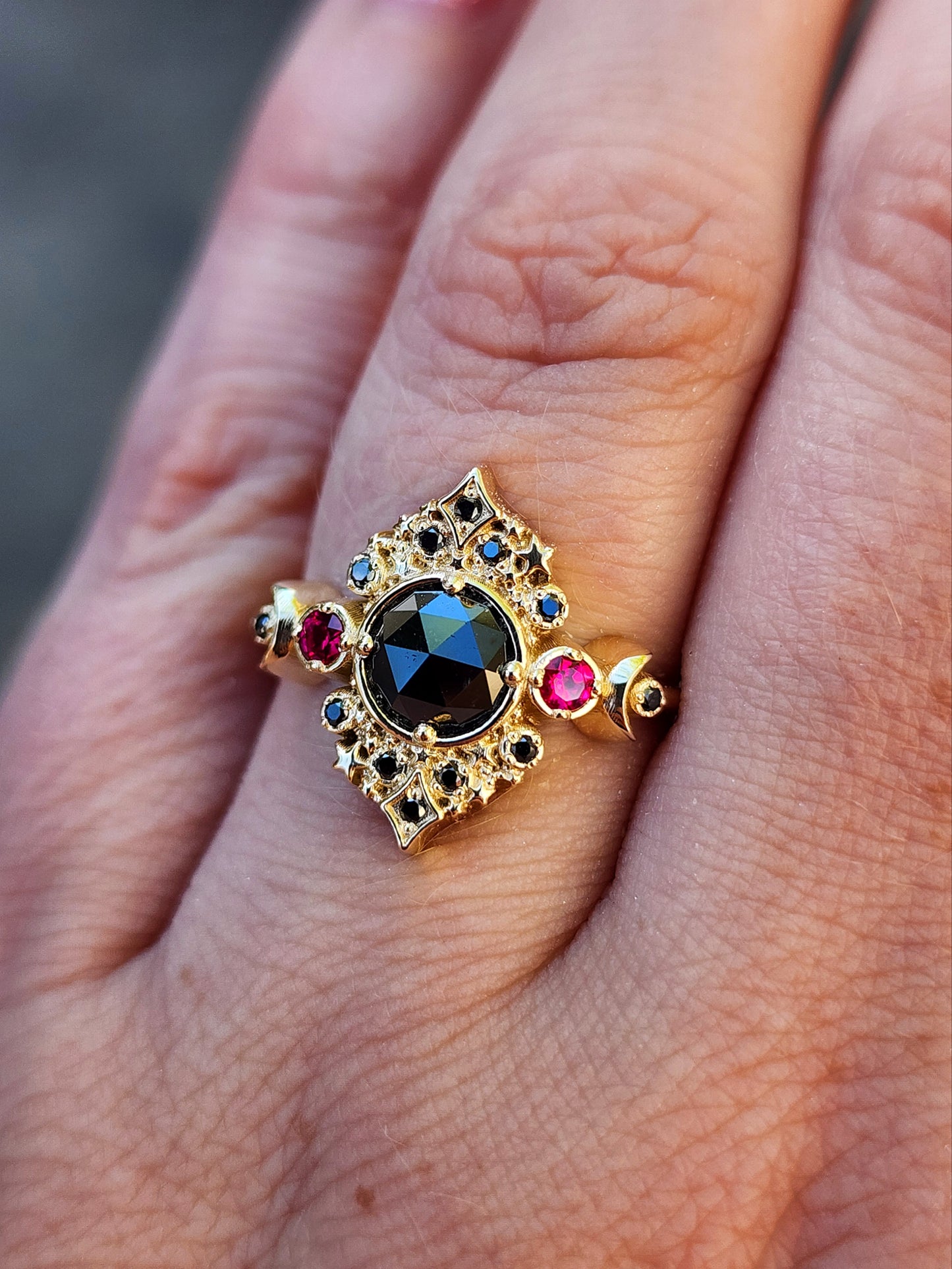 Ready to Ship Size 6-8 Rose Cut Black Diamond Galaxie Lunar Engagement Ring with Chatham Rubies - 14k Yellow Gold