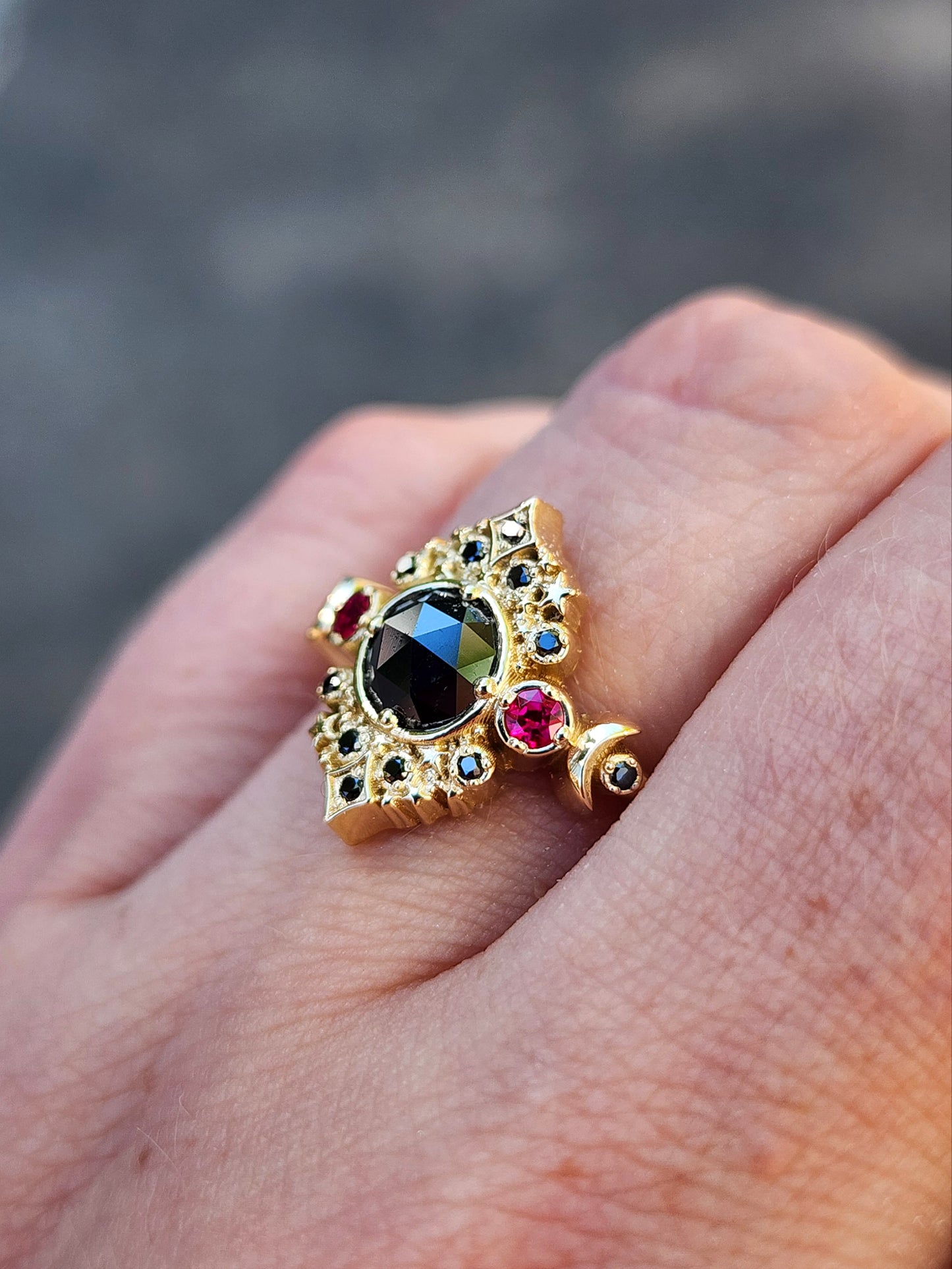 Ready to Ship Size 6-8 Rose Cut Black Diamond Galaxie Lunar Engagement Ring with Chatham Rubies - 14k Yellow Gold