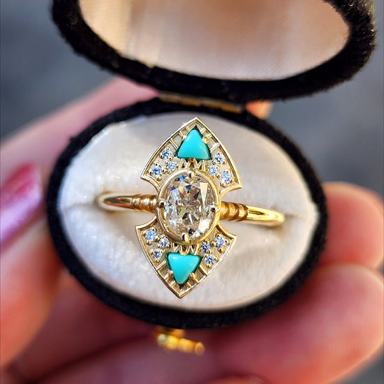 Ready to Ship Size 6 - 8 Art Deco Natural Oval Light Yellow Diamond Engagement Ring with Arizona Turquoise Trillions - 14k Yellow Gold