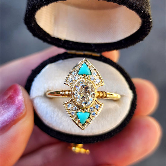 Ready to Ship Size 6 - 8 Art Deco Natural Oval Light Yellow Diamond Engagement Ring with Arizona Turquoise Trillions - 14k Yellow Gold