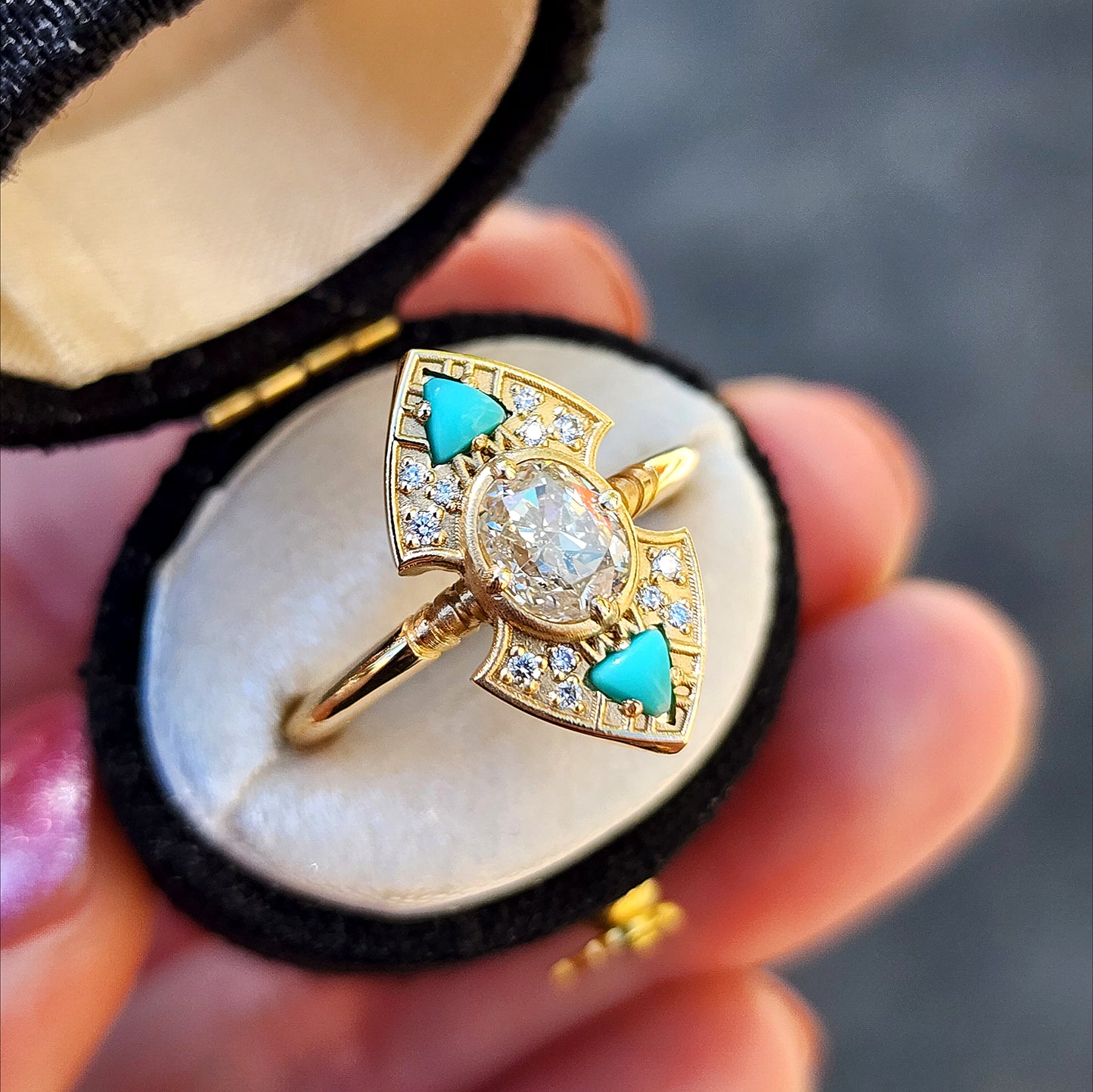 Ready to Ship Size 6 - 8 Art Deco Natural Oval Light Yellow Diamond Engagement Ring with Arizona Turquoise Trillions - 14k Yellow Gold