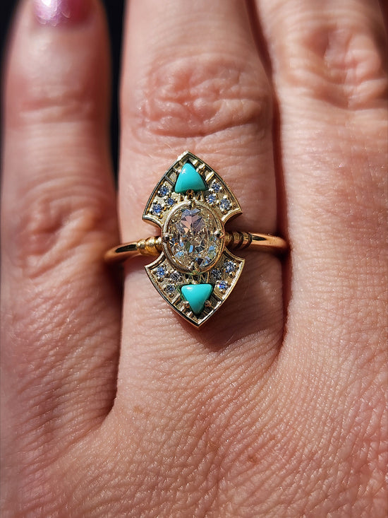 Ready to Ship Size 6 - 8 Art Deco Natural Oval Light Yellow Diamond Engagement Ring with Arizona Turquoise Trillions - 14k Yellow Gold