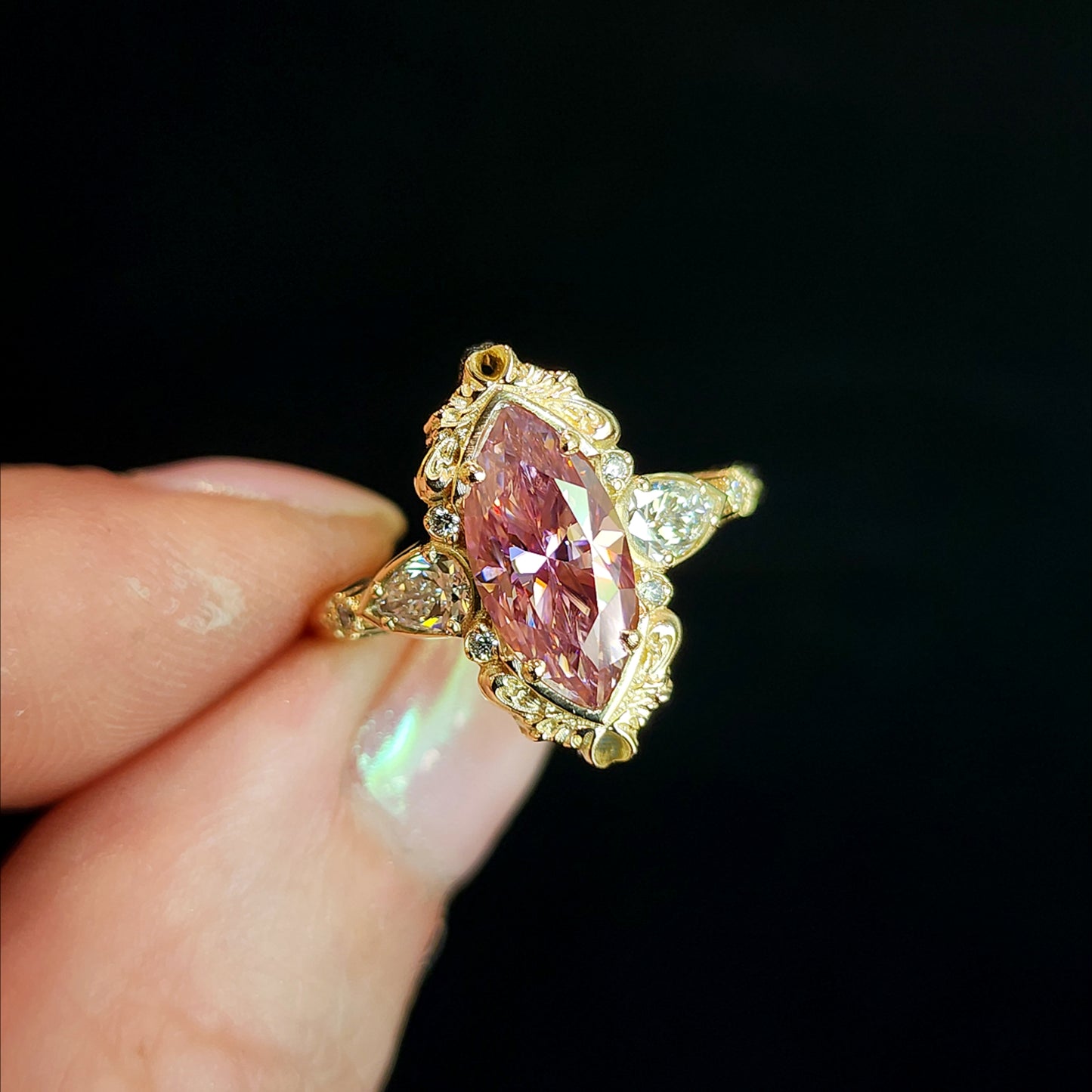 Limited Edition - Pink Moissanite Odette Marquise Engagement Ring with Pear Side Stones and Gold Scrollwork - Fantasy Filigree 14k Gold Handmade Ring