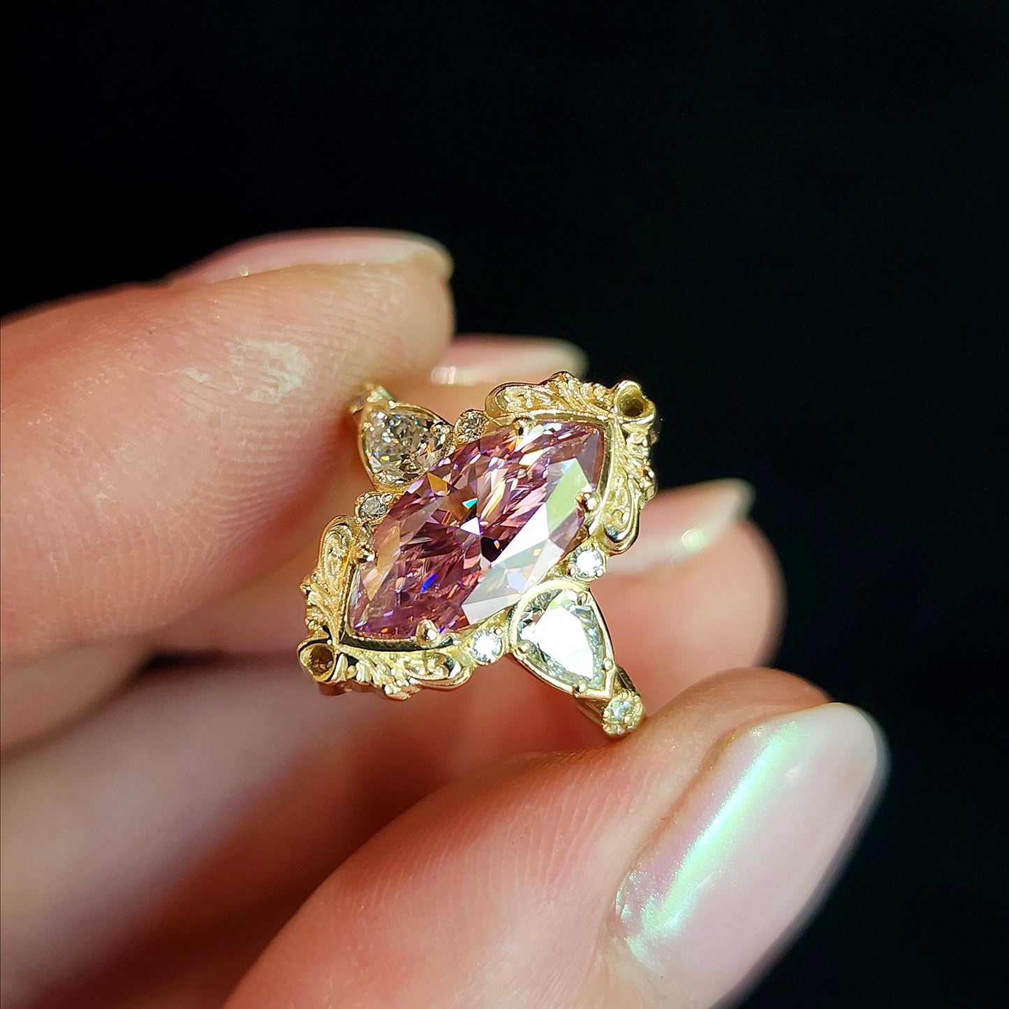 LAST ONE - Limited Edition - Pink Moissanite Odette Marquise Engagement Ring with Pear Side Stones and Gold Scrollwork - Fantasy Filigree 14k Gold Handmade Ring