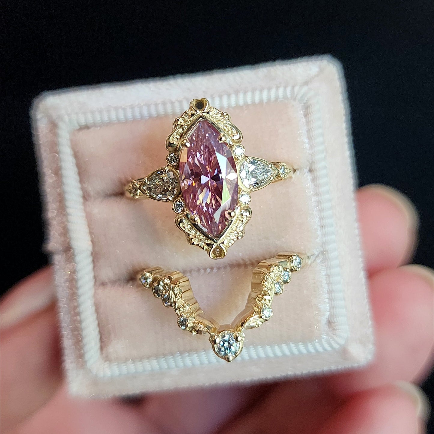 pink moissanite odette engagement ring set by swankmetalsmithing of portland oregon vintage inspired filigree 14k gold ring set