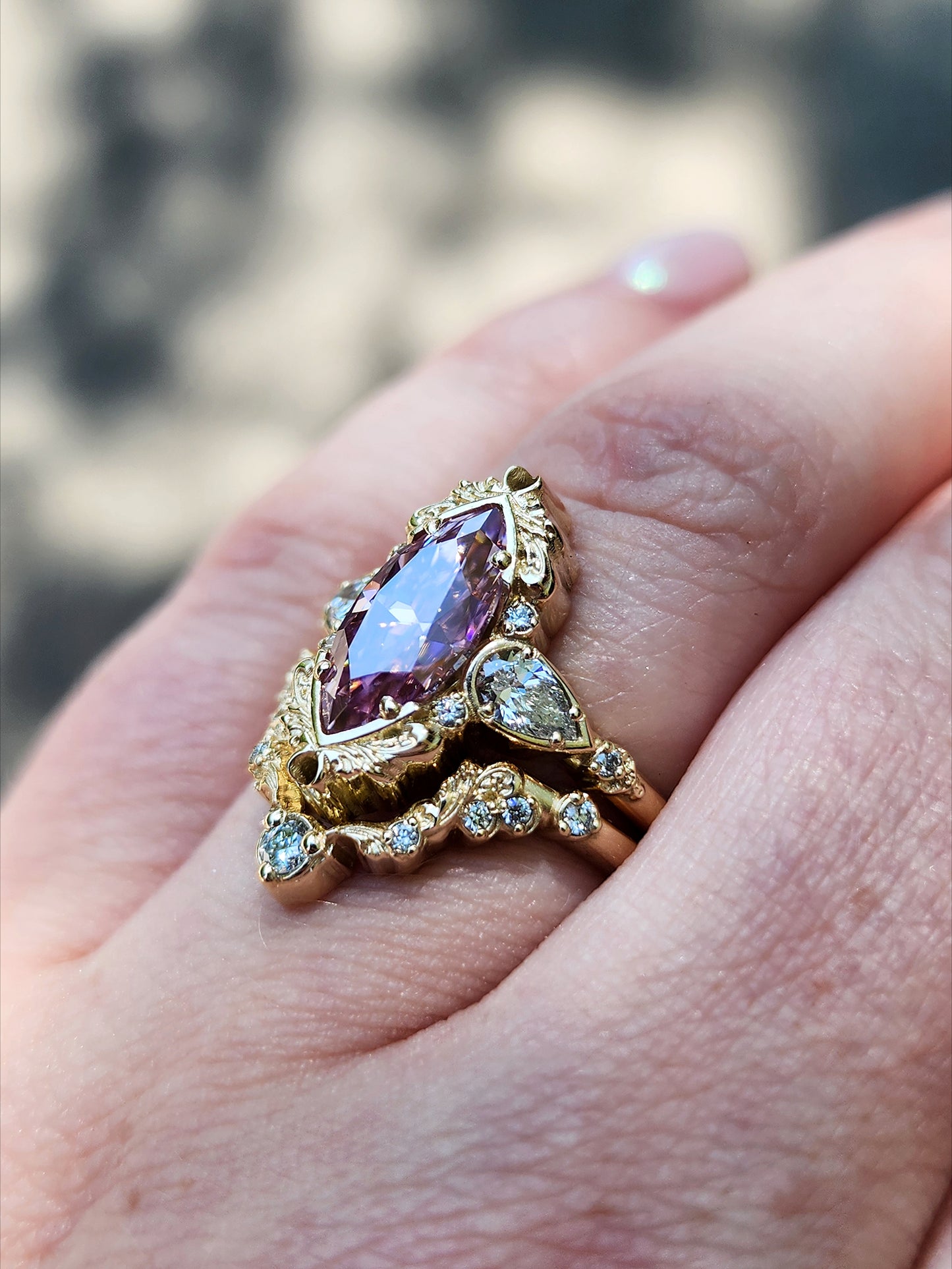 Limited Edition - Pink Moissanite Odette Marquise Engagement Ring with Pear Side Stones and Gold Scrollwork - Fantasy Filigree 14k Gold Handmade Ring