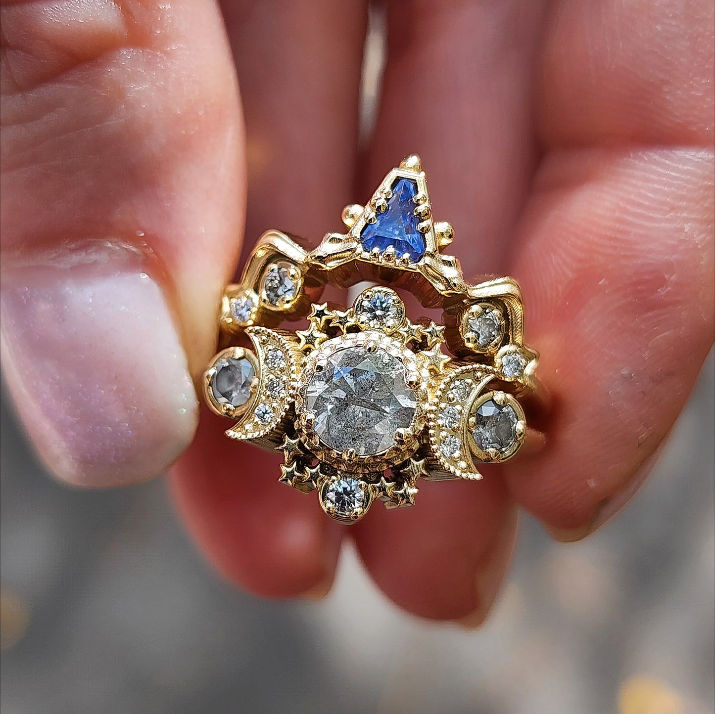 Ready to Ship Size 8-10 Salt & Pepper Diamond Cosmos Engagement Ring with Natural Blue Sapphire Snake Witch Chevron - Gothic Fairytale Wedding Jewelry 14k Yellow Gold