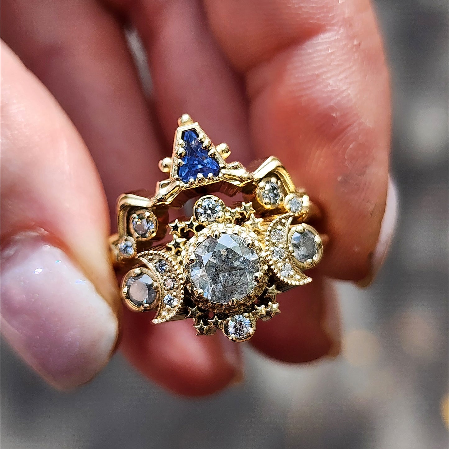 Ready to Ship Size 8-10 Salt & Pepper Diamond Cosmos Engagement Ring with Natural Blue Sapphire Snake Witch Chevron - Gothic Fairytale Wedding Jewelry 14k Yellow Gold