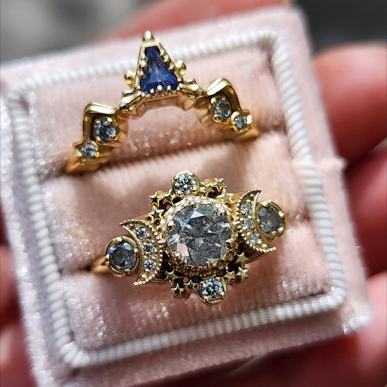 Ready to Ship Size 8-10 Salt & Pepper Diamond Cosmos Engagement Ring with Natural Blue Sapphire Snake Witch Chevron - Gothic Fairytale Wedding Jewelry 14k Yellow Gold