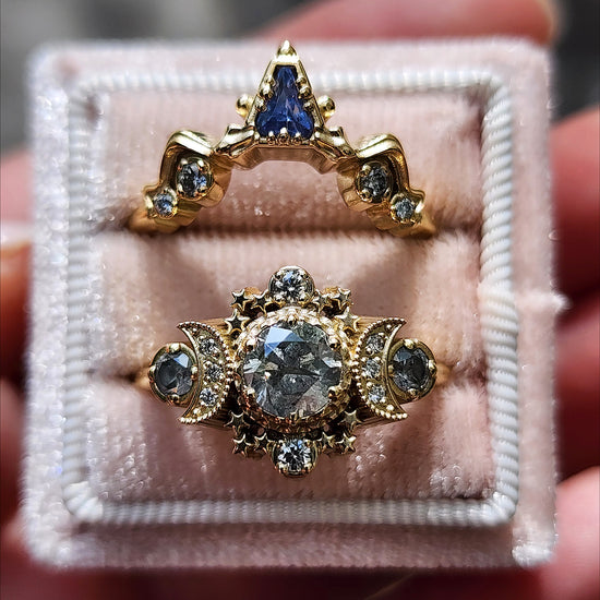 Ready to Ship Size 8-10 Salt & Pepper Diamond Cosmos Engagement Ring with Natural Blue Sapphire Snake Witch Chevron - Gothic Fairytale Wedding Jewelry 14k Yellow Gold