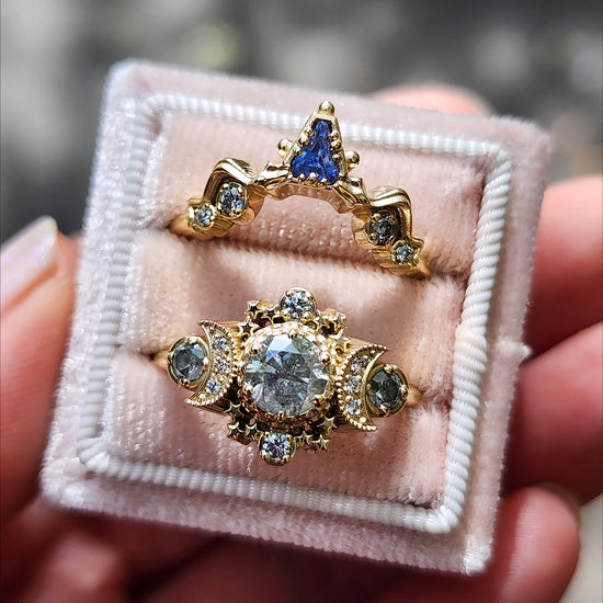 Ready to Ship Size 8-10 Salt & Pepper Diamond Cosmos Engagement Ring with Natural Blue Sapphire Snake Witch Chevron - Gothic Fairytale Wedding Jewelry 14k Yellow Gold