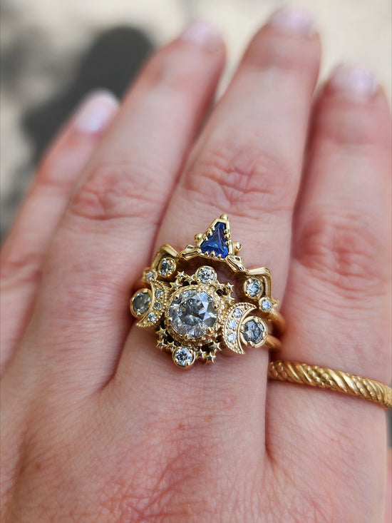 Ready to Ship Size 8-10 Salt & Pepper Diamond Cosmos Engagement Ring with Natural Blue Sapphire Snake Witch Chevron - Gothic Fairytale Wedding Jewelry 14k Yellow Gold