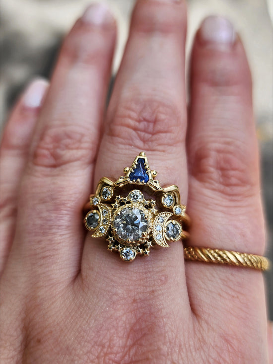 Ready to Ship Size 8-10 Salt & Pepper Diamond Cosmos Engagement Ring with Natural Blue Sapphire Snake Witch Chevron - Gothic Fairytale Wedding Jewelry 14k Yellow Gold