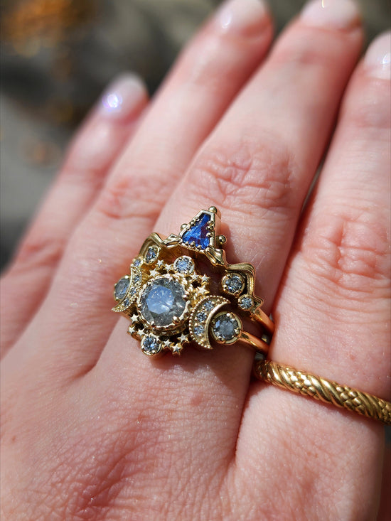 Ready to Ship Size 8-10 Salt & Pepper Diamond Cosmos Engagement Ring with Natural Blue Sapphire Snake Witch Chevron - Gothic Fairytale Wedding Jewelry 14k Yellow Gold