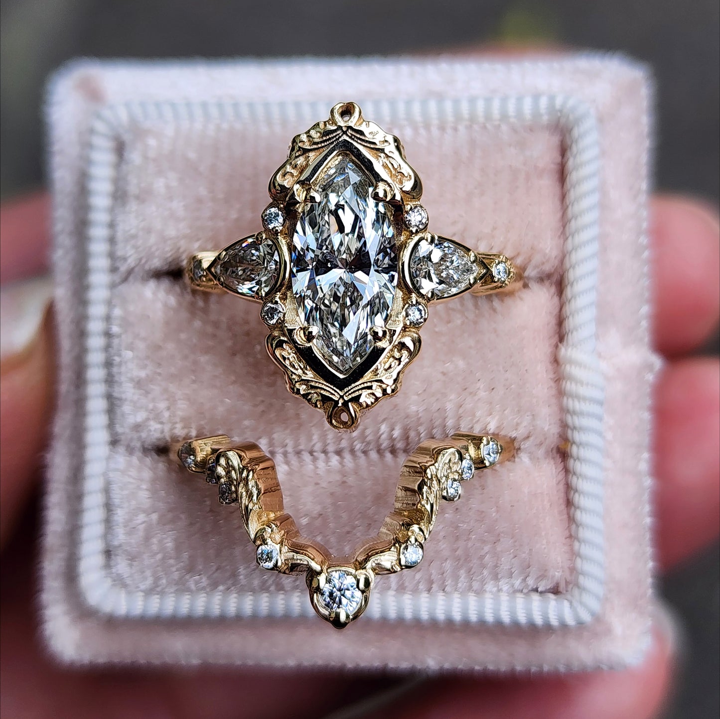 Odette antique styled marquise lab diamond engagement ring with matching scroll side band 14k yellow gold wedding ring set