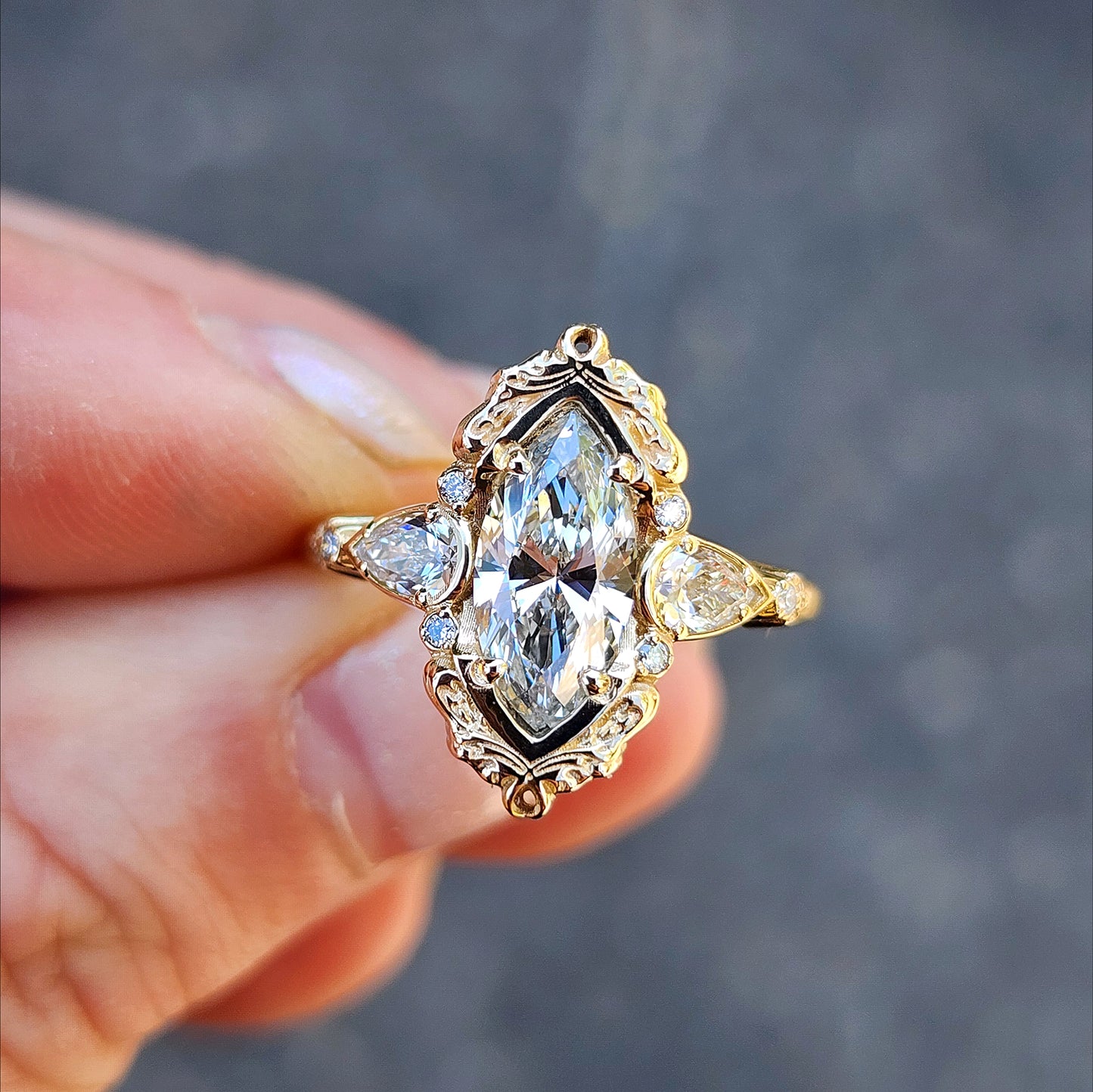 Odette antique styled marquise lab diamond engagement ring 