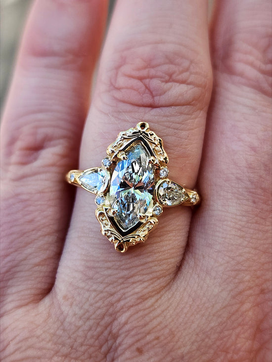 Odette antique styled marquise lab diamond engagement ring with matching scroll side band 14k yellow gold wedding ring set