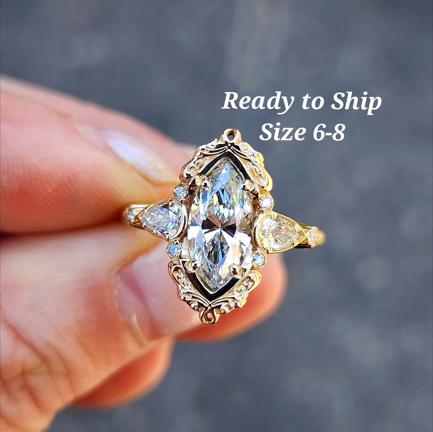 Odette antique styled marquise lab diamond engagement ring filigree scrolling fairytale ring