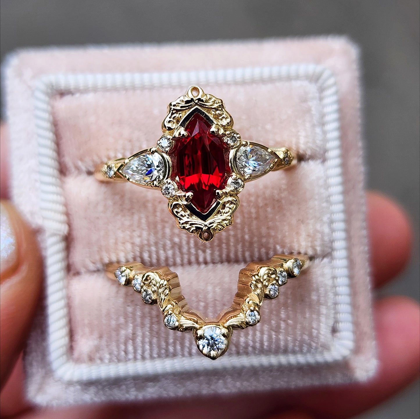 Chatham Ruby Marquise Odette ring fairytale wedding ring details filigree pear diamond sides 14k gold made in portland oregon artisan jewelry 