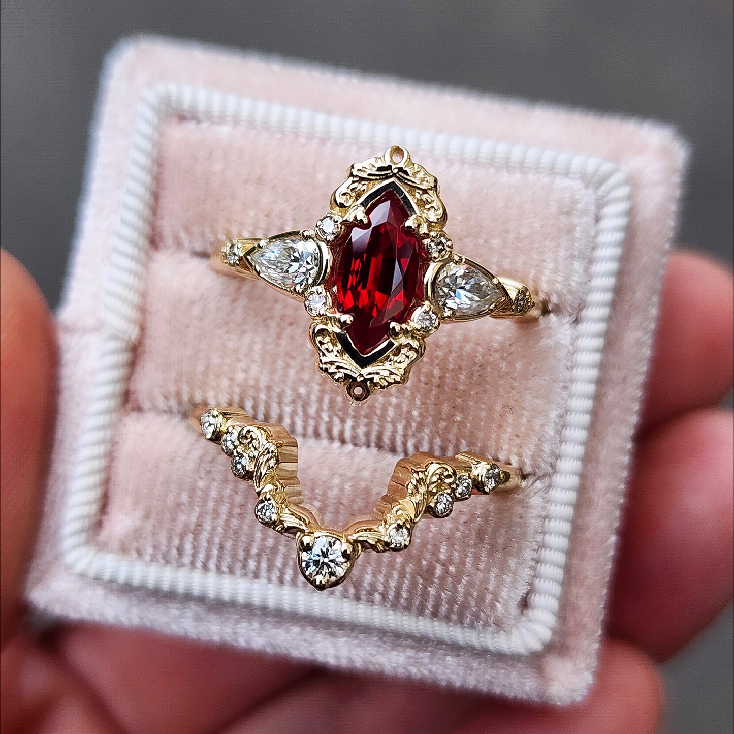 Chatham Ruby Marquise Odette ring fairytale wedding ring details filigree pear diamond sides 14k gold made in portland oregon artisan jewelry 