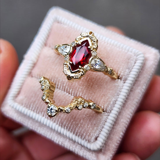 Chatham Ruby Marquise Odette ring fairytale wedding ring details filigree pear diamond sides 14k gold made in portland oregon artisan jewelry 