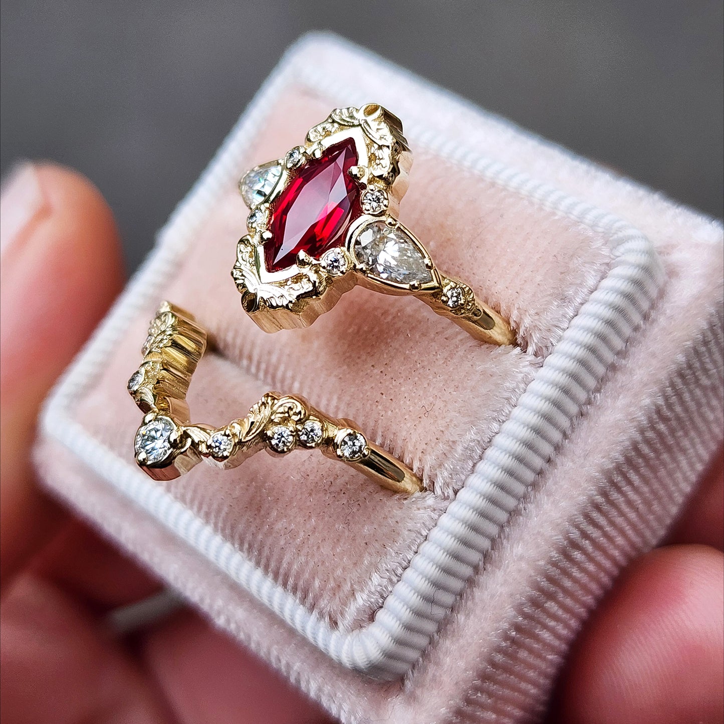 Chatham Ruby Marquise Odette ring fairytale wedding ring details filigree pear diamond sides 14k gold made in portland oregon artisan jewelry 