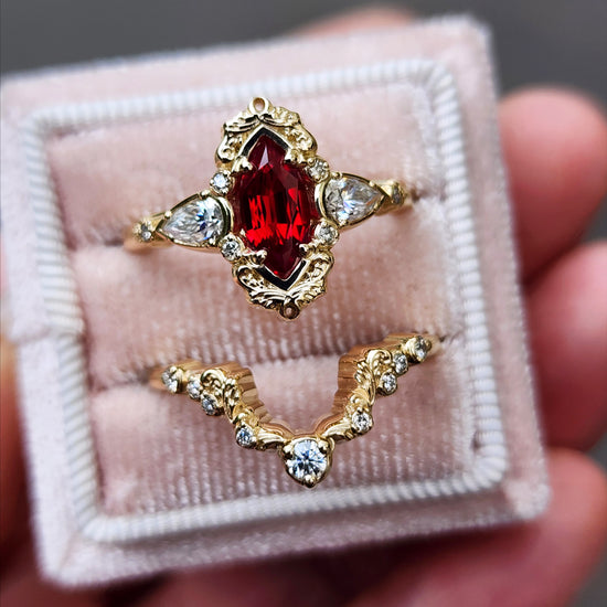 Chatham Ruby Marquise Odette ring fairytale wedding ring details filigree pear diamond sides 14k gold made in portland oregon artisan jewelry 