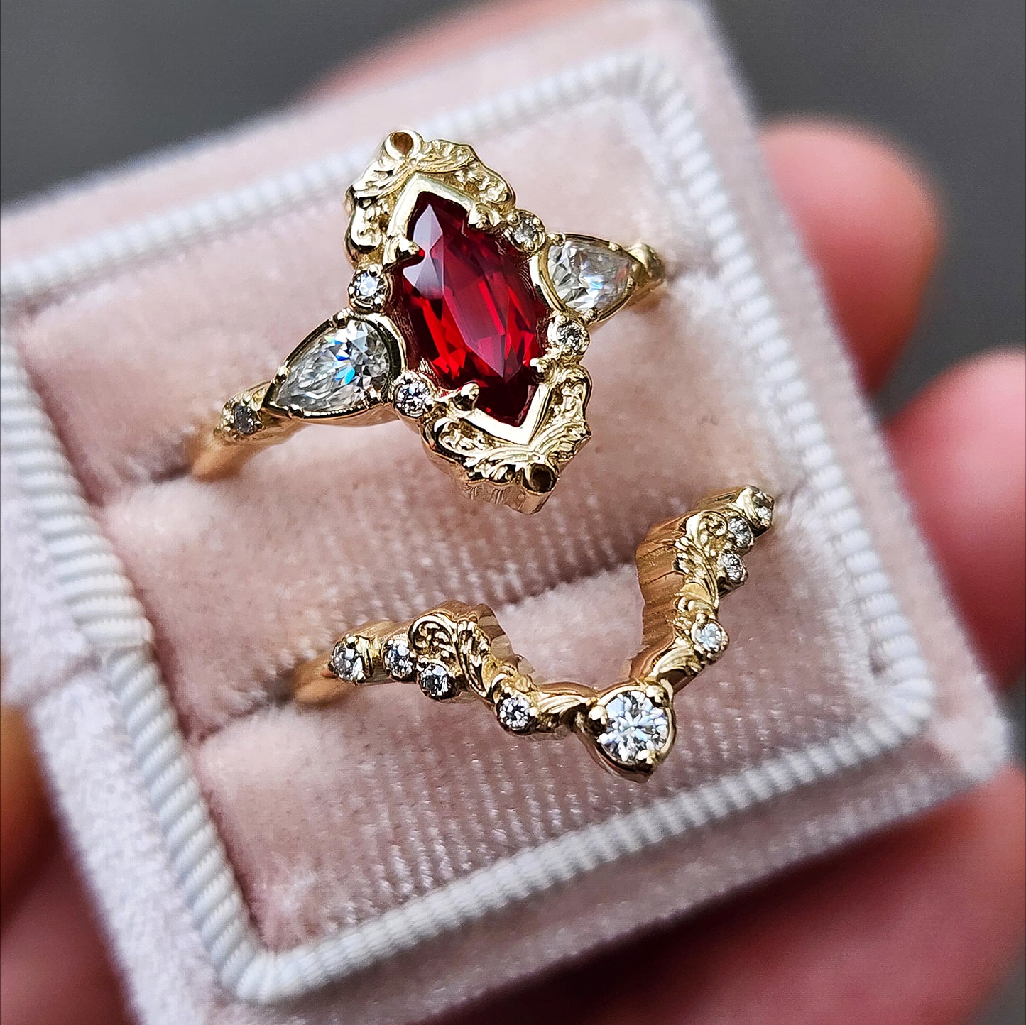 Chatham Ruby Marquise Odette ring fairytale wedding ring details filigree pear diamond sides 14k gold made in portland oregon artisan jewelry 