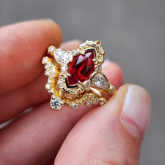 Chatham Ruby Marquise Odette ring fairytale wedding ring details filigree pear diamond sides 14k gold made in portland oregon artisan jewelry 