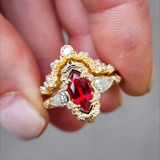 Chatham Ruby Marquise Odette ring fairytale wedding ring details filigree pear diamond sides 14k gold made in portland oregon artisan jewelry 