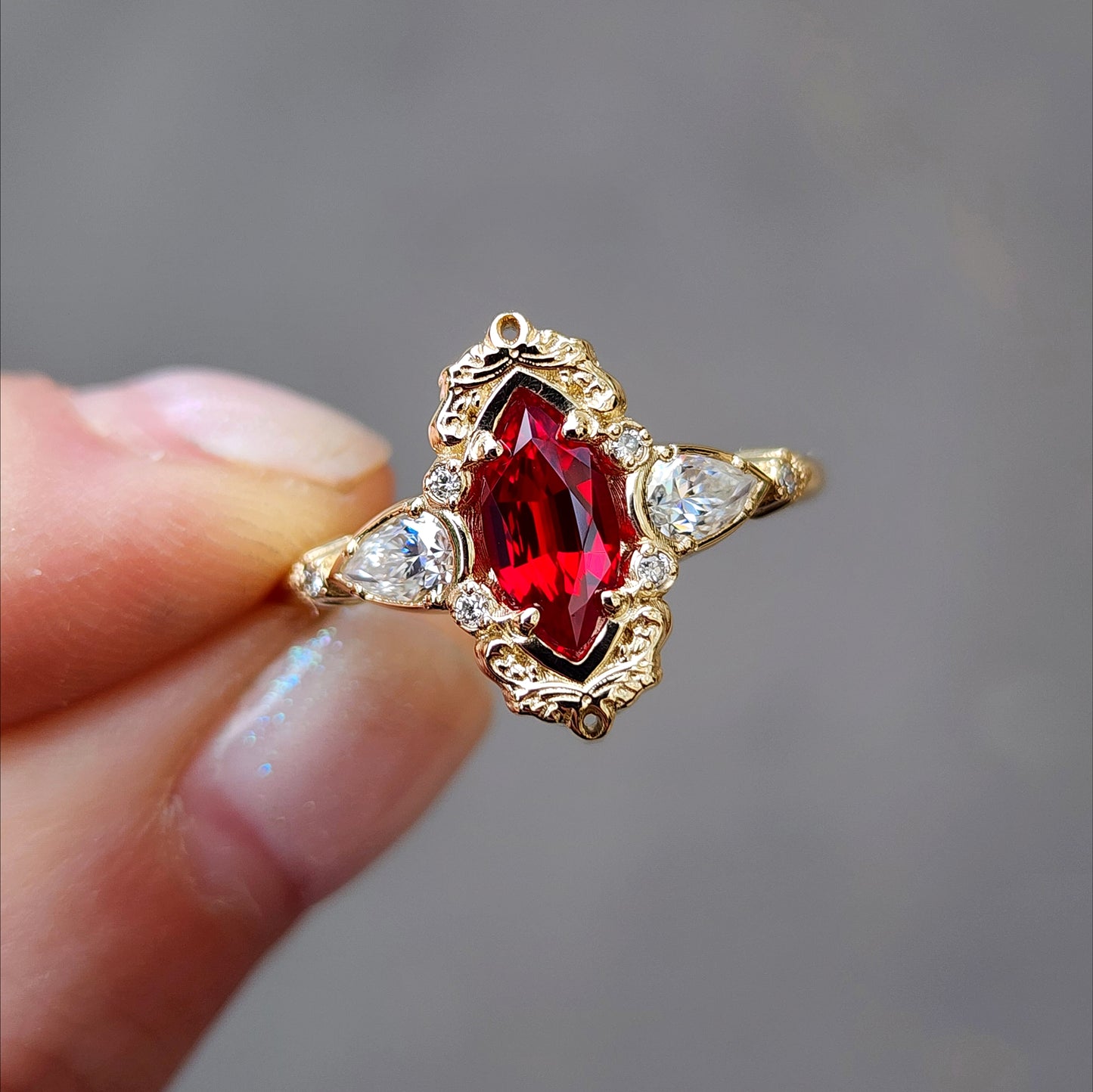 Chatham Ruby Marquise Odette ring fairytale wedding ring details filigree pear diamond sides 14k gold made in portland oregon artisan jewelry 