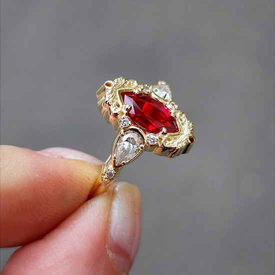 Chatham Ruby Marquise Odette ring fairytale wedding ring details filigree pear diamond sides 14k gold made in portland oregon artisan jewelry 