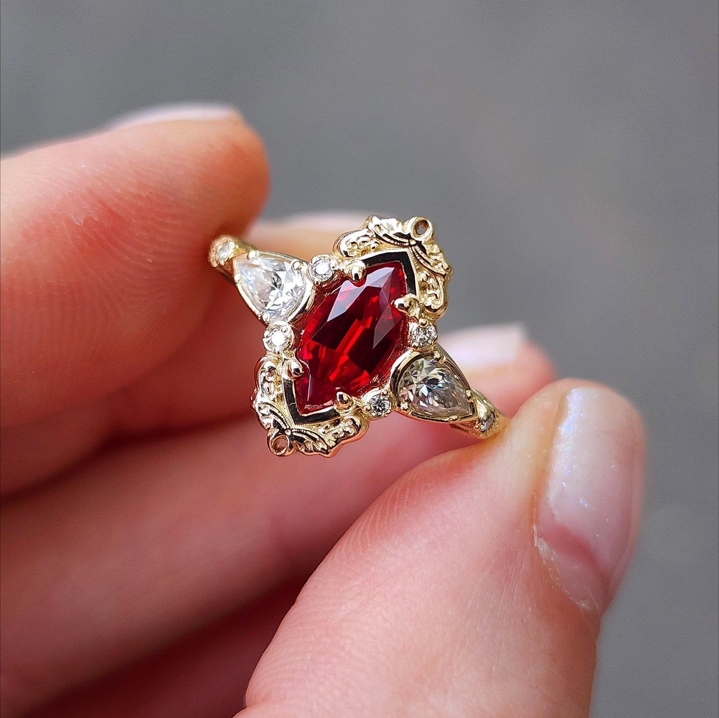 Chatham Ruby Marquise Odette ring fairytale wedding ring details filigree pear diamond sides 14k gold made in portland oregon artisan jewelry 