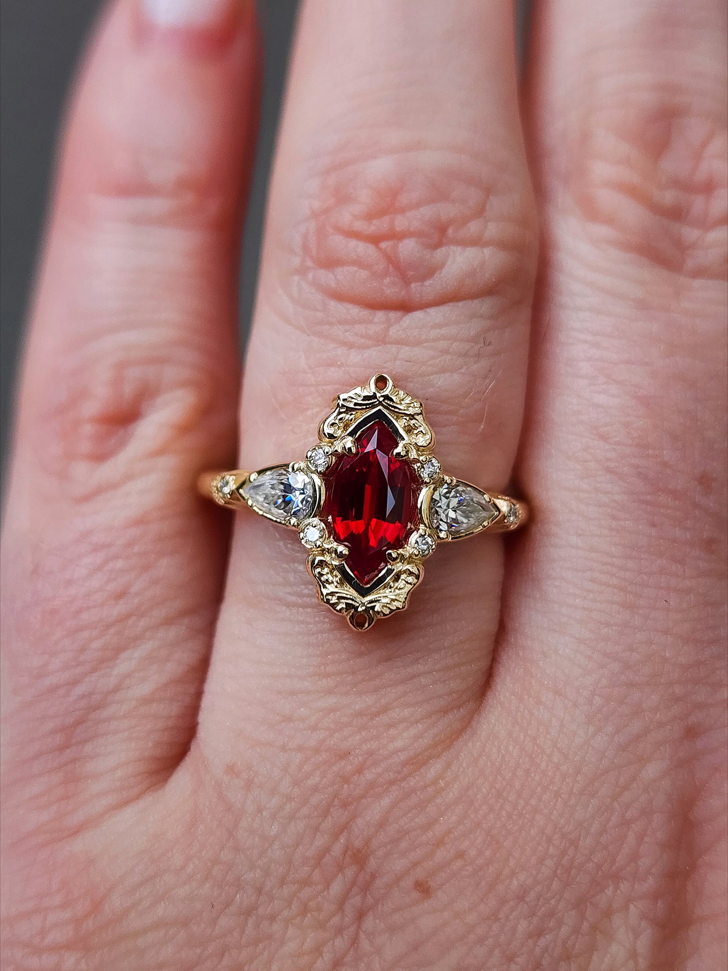 Chatham Ruby Marquise Odette ring fairytale wedding ring details filigree pear diamond sides 14k gold made in portland oregon artisan jewelry 