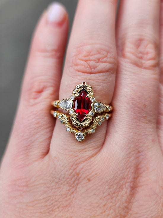 Chatham Ruby Marquise Odette ring fairytale wedding ring details filigree pear diamond sides 14k gold made in portland oregon artisan jewelry 