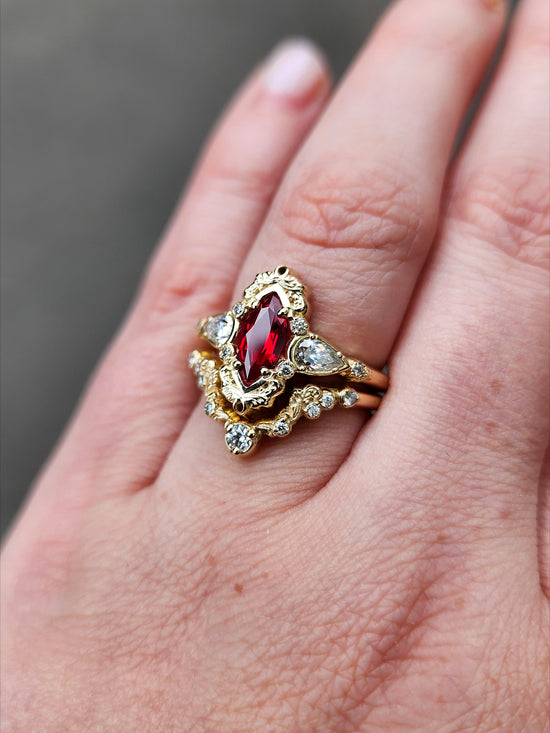 Chatham Ruby Marquise Odette ring fairytale wedding ring details filigree pear diamond sides 14k gold made in portland oregon artisan jewelry 