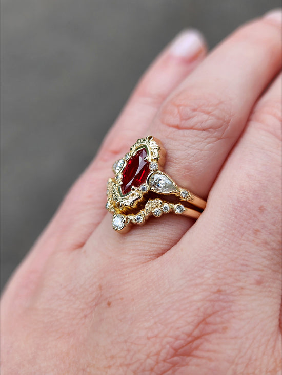 Chatham Ruby Marquise Odette ring fairytale wedding ring details filigree pear diamond sides 14k gold made in portland oregon artisan jewelry 