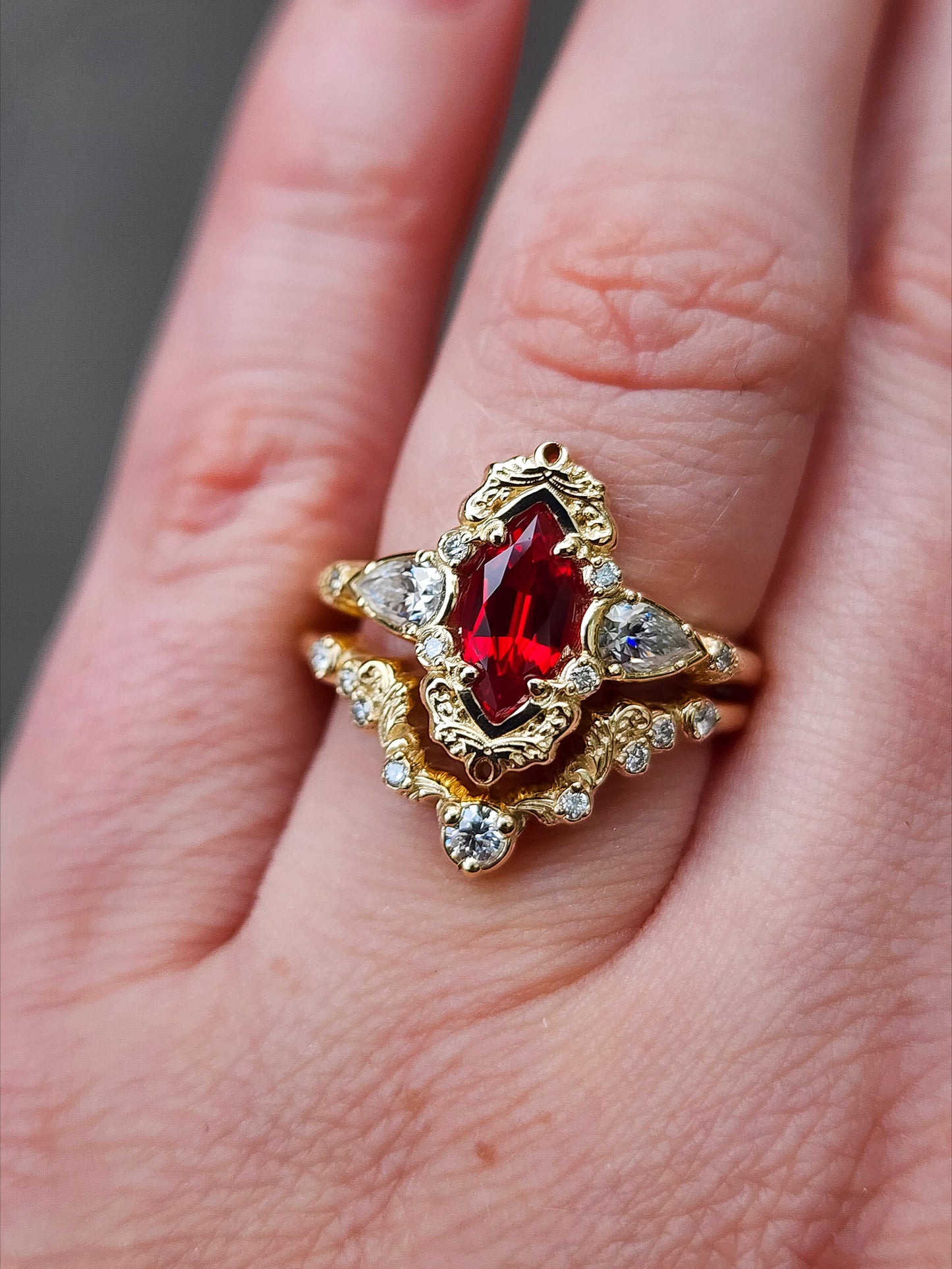 Chatham Ruby Marquise Odette ring fairytale wedding ring details filigree pear diamond sides 14k gold made in portland oregon artisan jewelry 