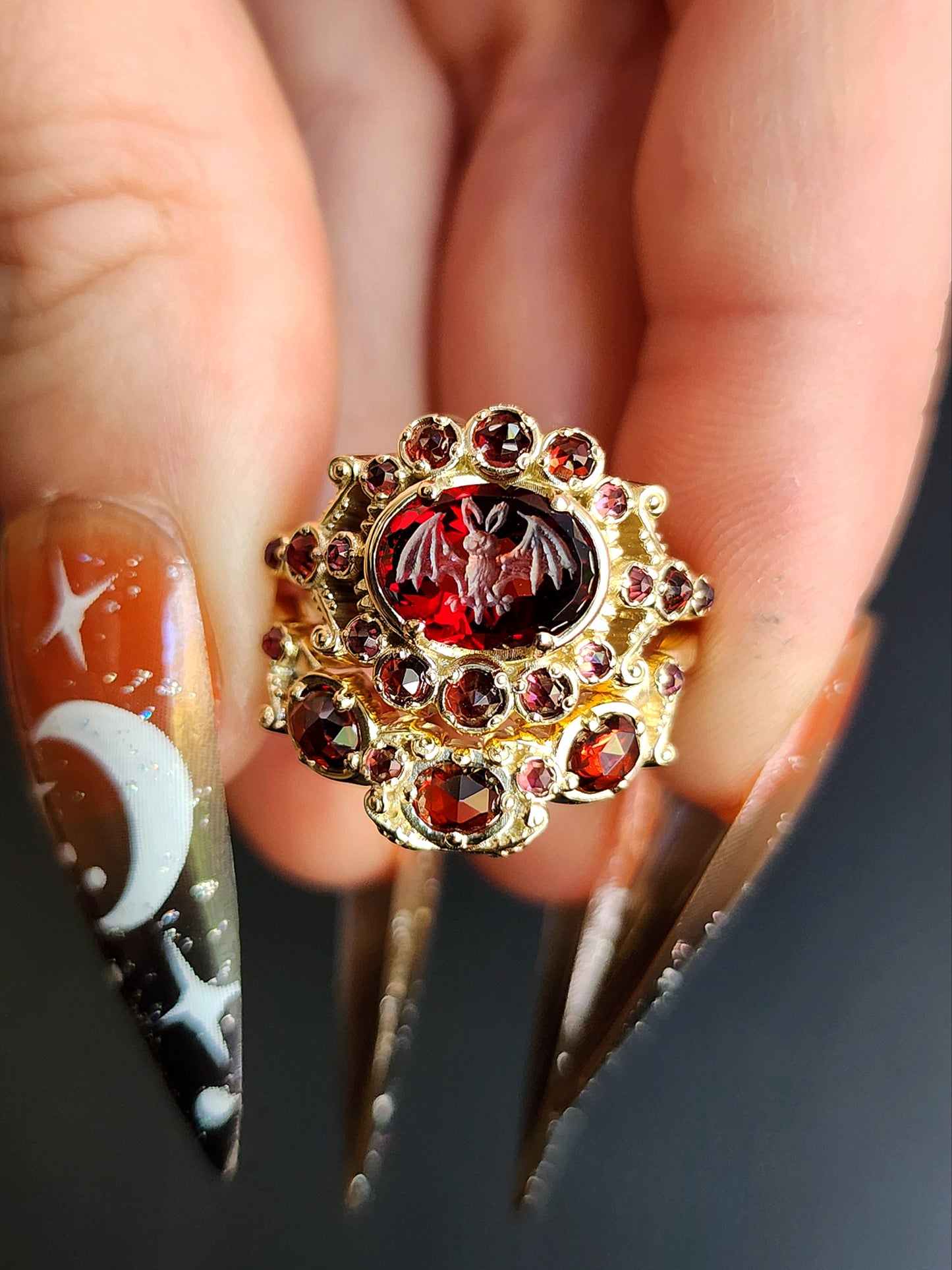 READY To SHIP Size 6-8 - Vampire - Bat Garnet Intaglio Gothic Victorian Style Ring Set with Rose Cut Garnets - Blood Red - Drawlloween 14k Yellow Gold