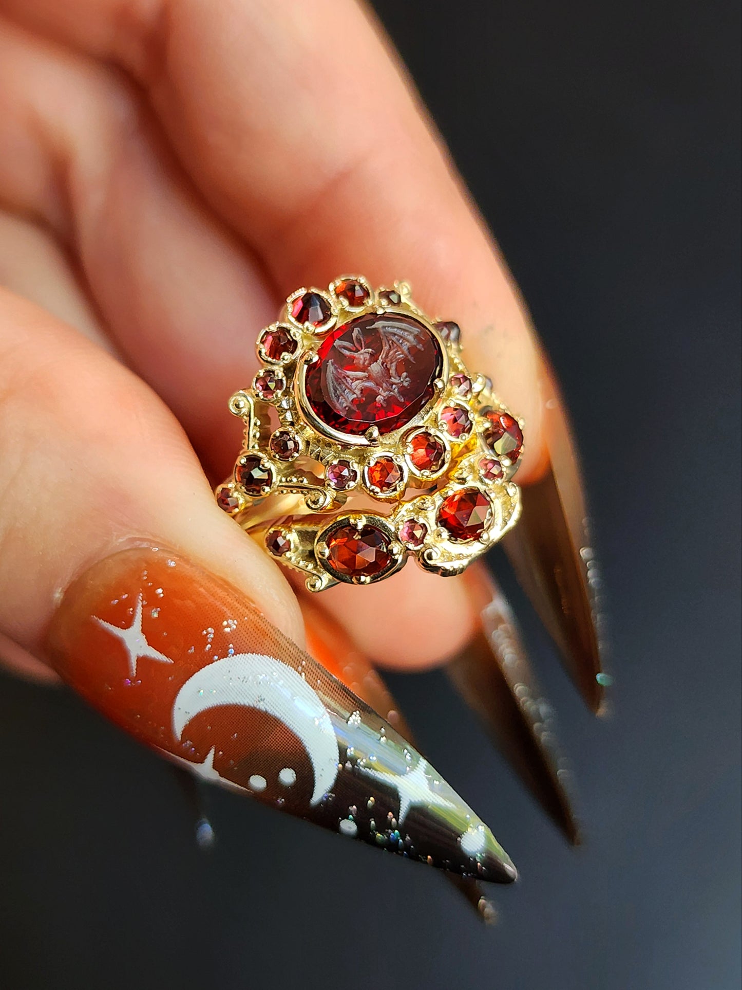 READY To SHIP Size 6-8 - Vampire - Bat Garnet Intaglio Gothic Victorian Style Ring Set with Rose Cut Garnets - Blood Red - Drawlloween 14k Yellow Gold