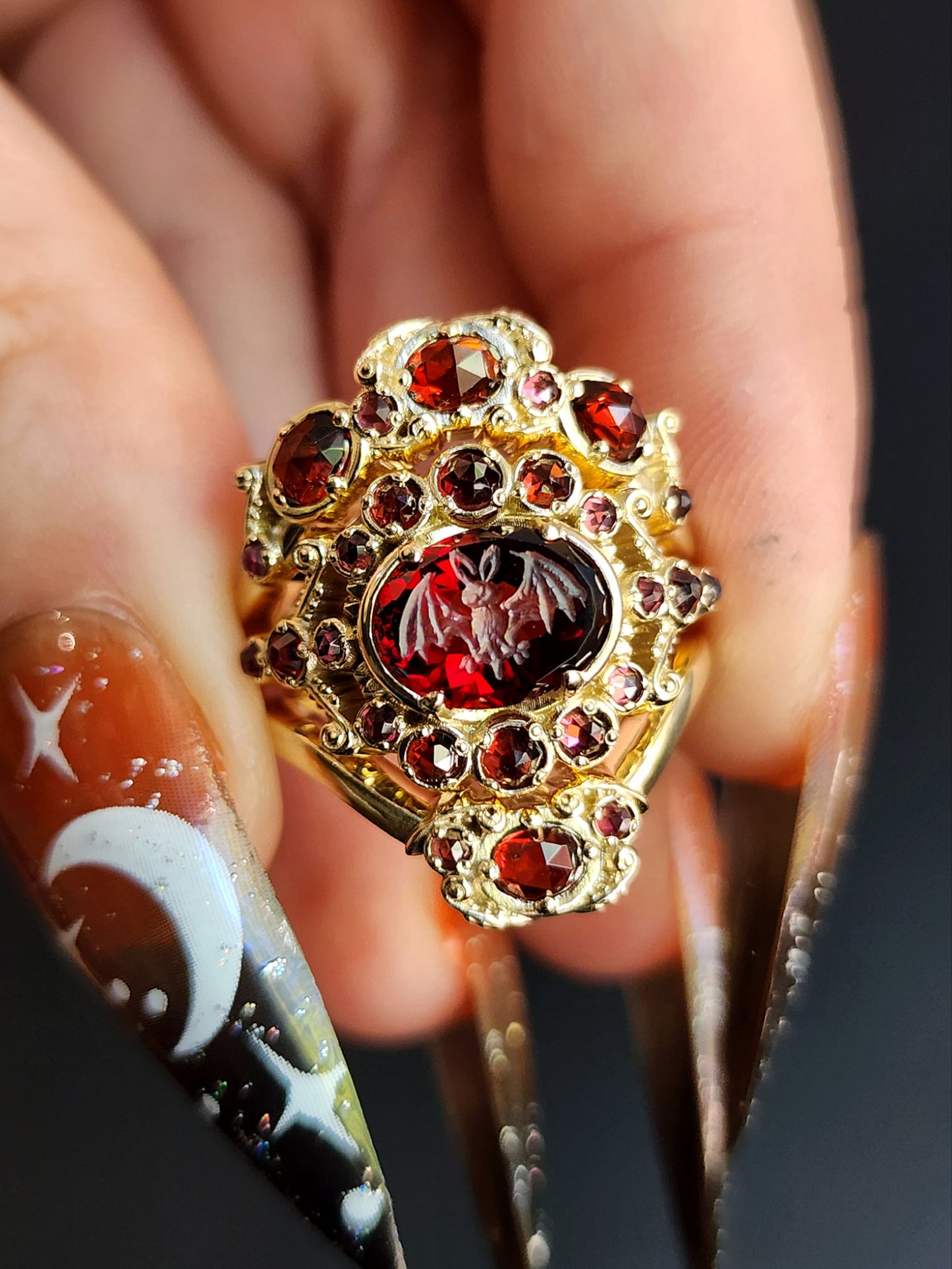 READY To SHIP Size 6-8 - Vampire - Bat Garnet Intaglio Gothic Victorian Style Ring Set with Rose Cut Garnets - Blood Red - Drawlloween 14k Yellow Gold