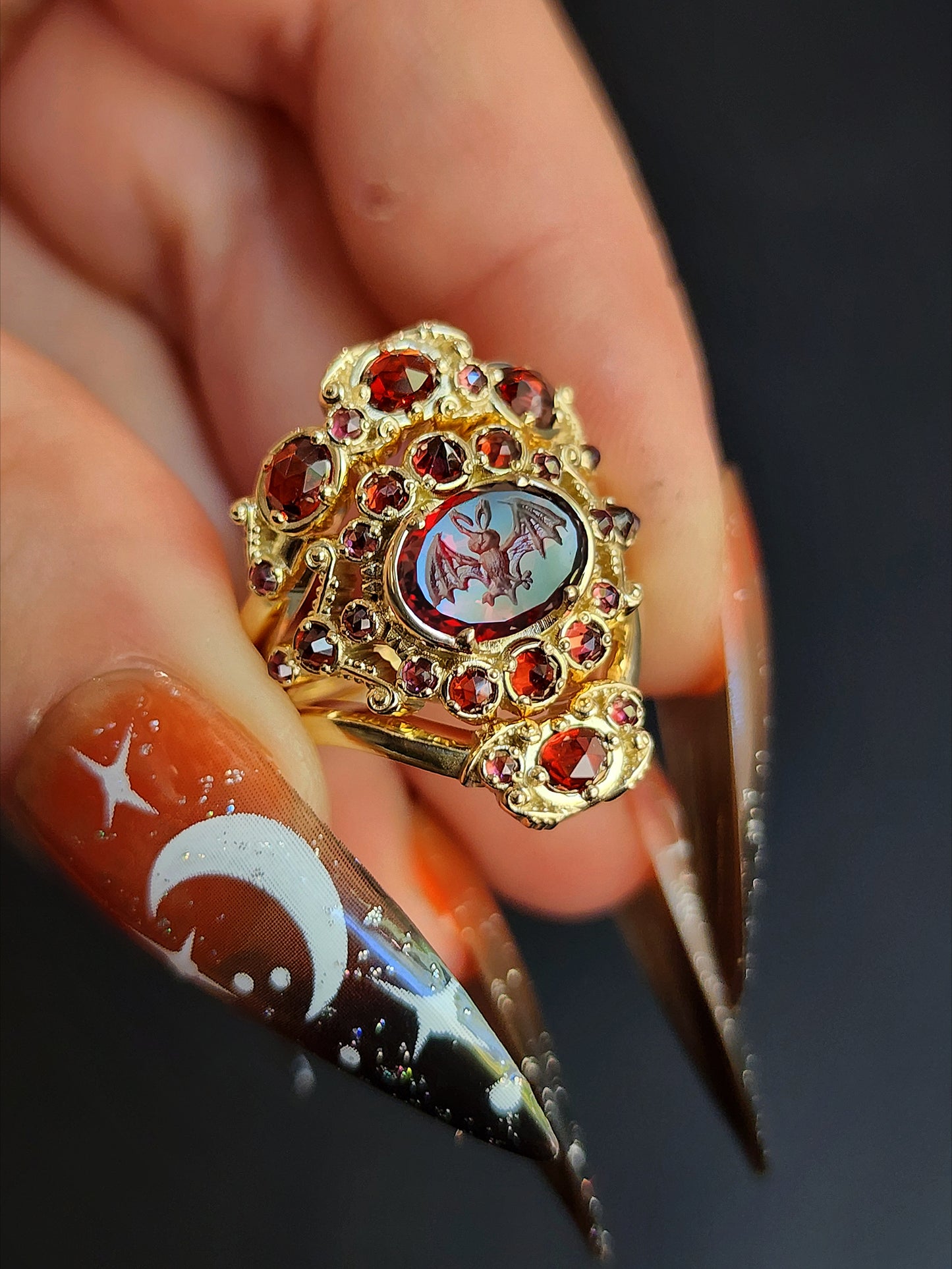 READY To SHIP Size 6-8 - Vampire - Bat Garnet Intaglio Gothic Victorian Style Ring Set with Rose Cut Garnets - Blood Red - Drawlloween 14k Yellow Gold