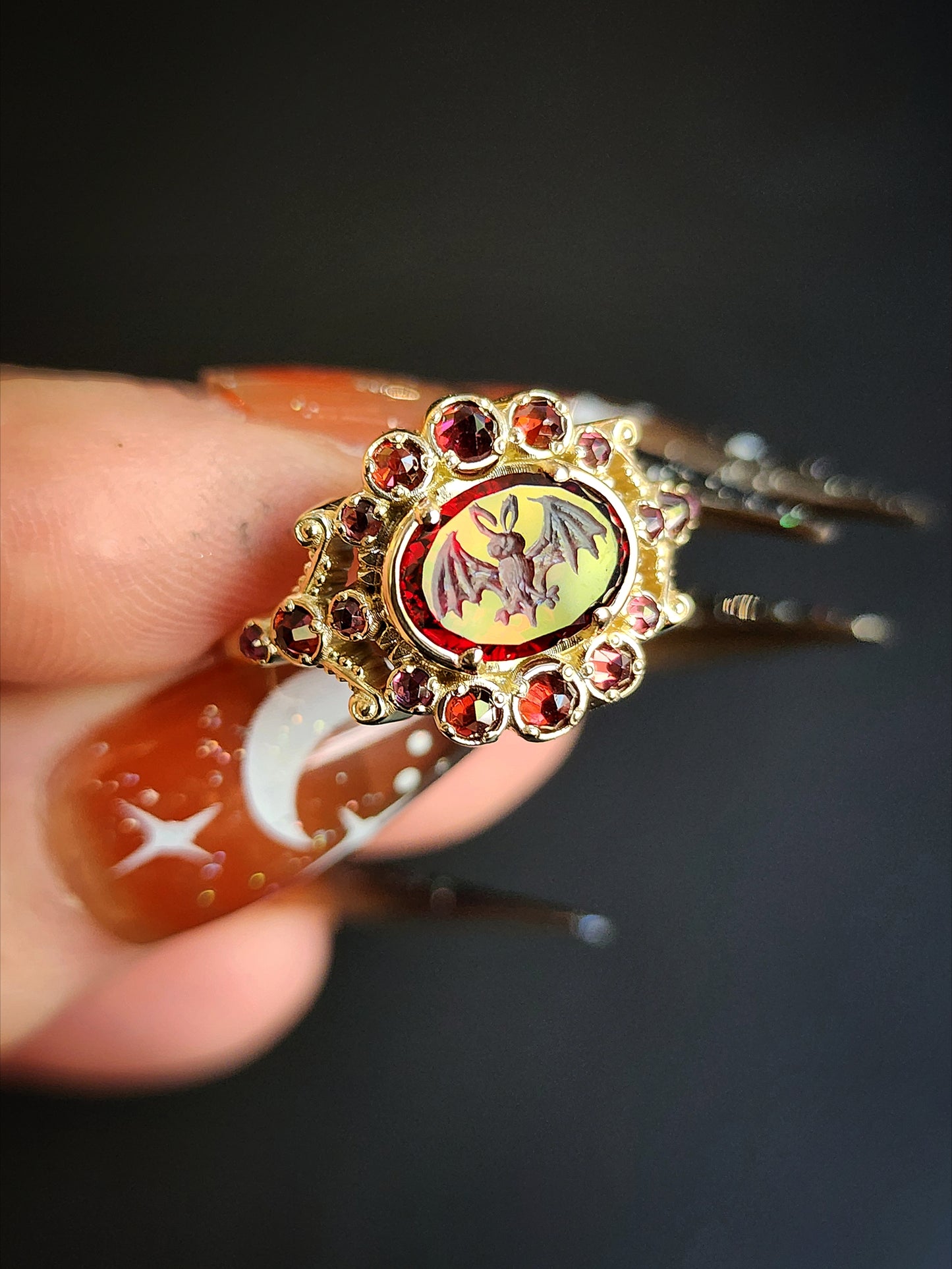 READY To SHIP Size 6-8 - Vampire - Bat Garnet Intaglio Gothic Victorian Style Ring Set with Rose Cut Garnets - Blood Red - Drawlloween 14k Yellow Gold