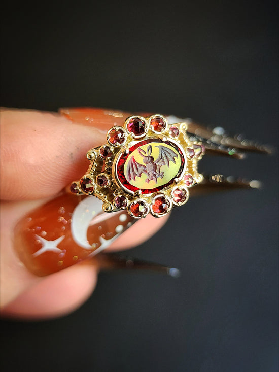 MADE To ORDER - Vampire - Bat Garnet Intaglio Gothic Victorian Style Ring Set with Rose Cut Garnets - Blood Red - Drawlloween