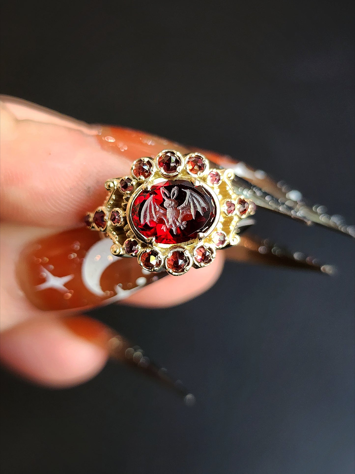 READY To SHIP Size 6-8 - Vampire - Bat Garnet Intaglio Gothic Victorian Style Ring Set with Rose Cut Garnets - Blood Red - Drawlloween 14k Yellow Gold