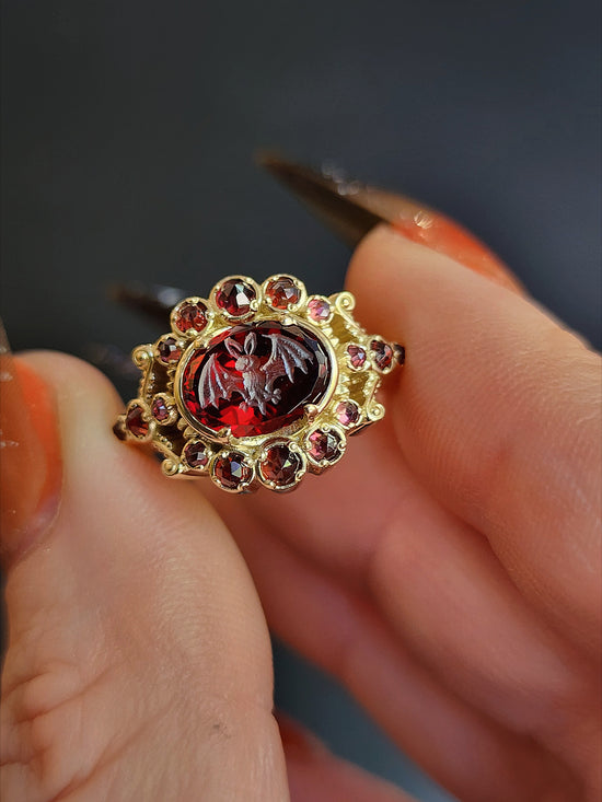 READY To SHIP Size 6-8 - Vampire - Bat Garnet Intaglio Gothic Victorian Style Ring Set with Rose Cut Garnets - Blood Red - Drawlloween 14k Yellow Gold