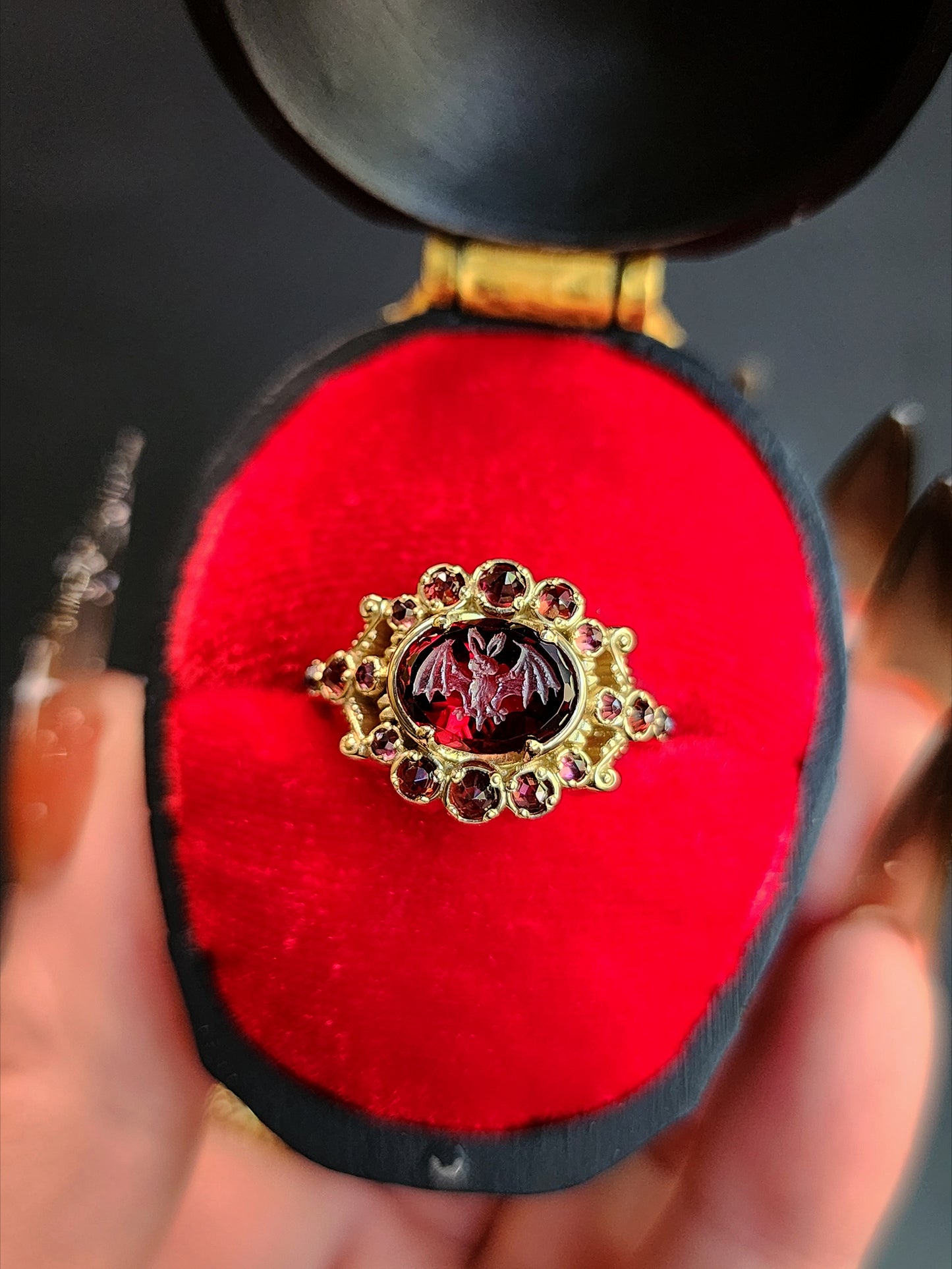 READY To SHIP Size 6-8 - Vampire - Bat Garnet Intaglio Gothic Victorian Style Ring Set with Rose Cut Garnets - Blood Red - Drawlloween 14k Yellow Gold