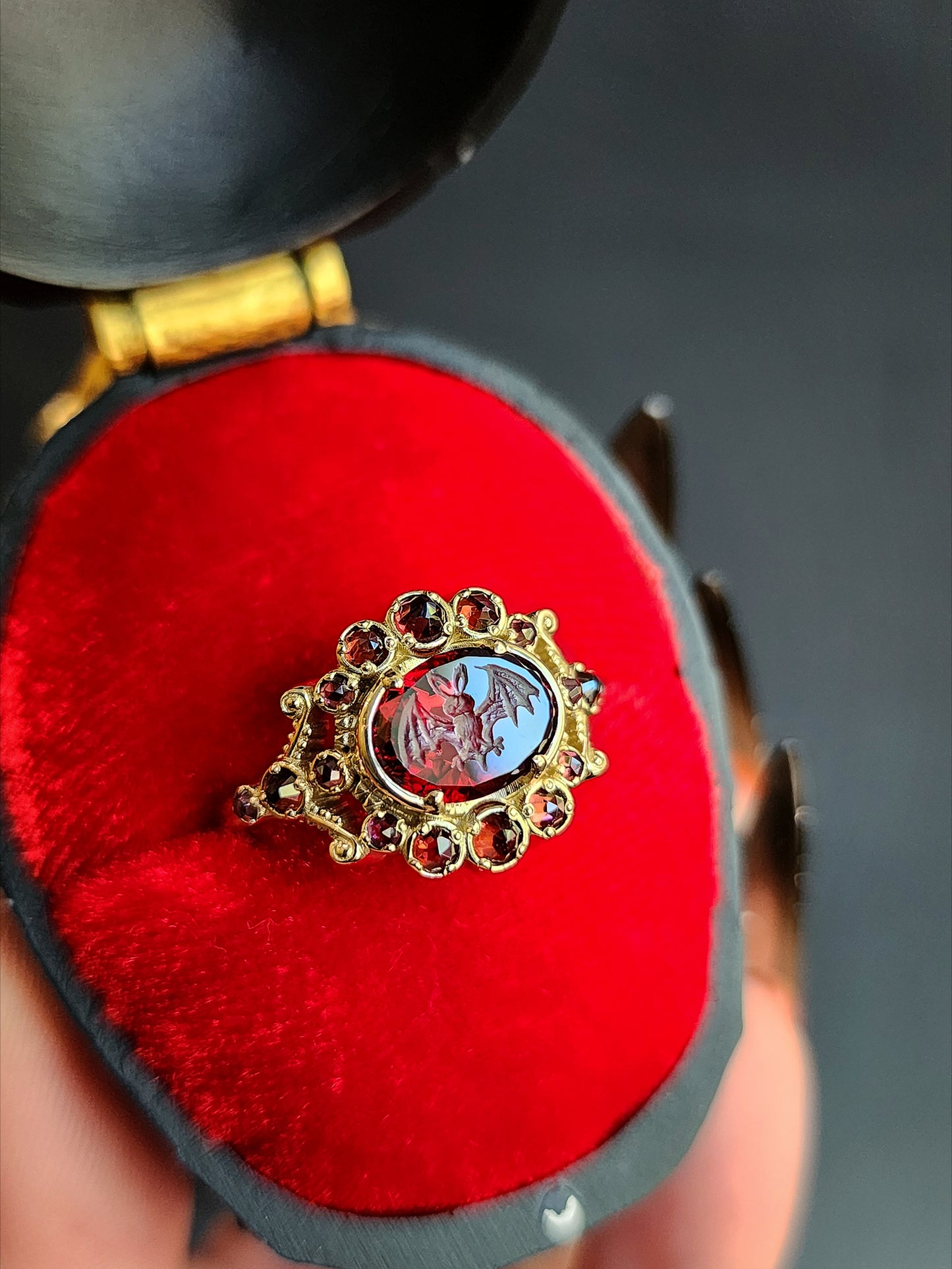 MADE To ORDER - Vampire - Bat Garnet Intaglio Gothic Victorian Style Ring Set with Rose Cut Garnets - Blood Red - Drawlloween