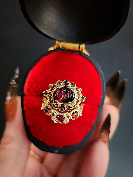 MADE To ORDER - Vampire - Bat Garnet Intaglio Gothic Victorian Style Ring Set with Rose Cut Garnets - Blood Red - Drawlloween