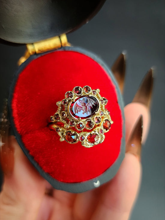 MADE To ORDER - Vampire - Bat Garnet Intaglio Gothic Victorian Style Ring Set with Rose Cut Garnets - Blood Red - Drawlloween